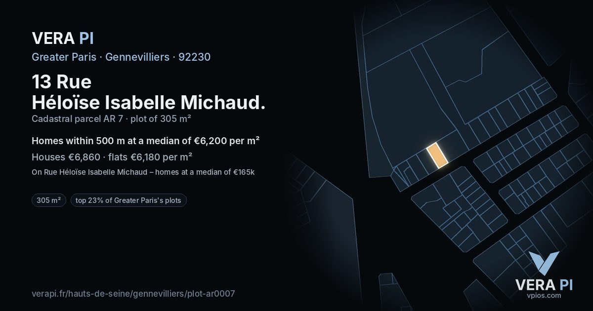 13 Rue Héloïse Isabelle Michaud, Gennevilliers at night – the plot lit, the parcels around coloured by the prices near them