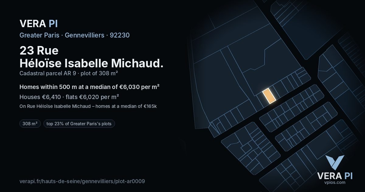 23 Rue Héloïse Isabelle Michaud, Gennevilliers at night – the plot lit, the parcels around coloured by the prices near them