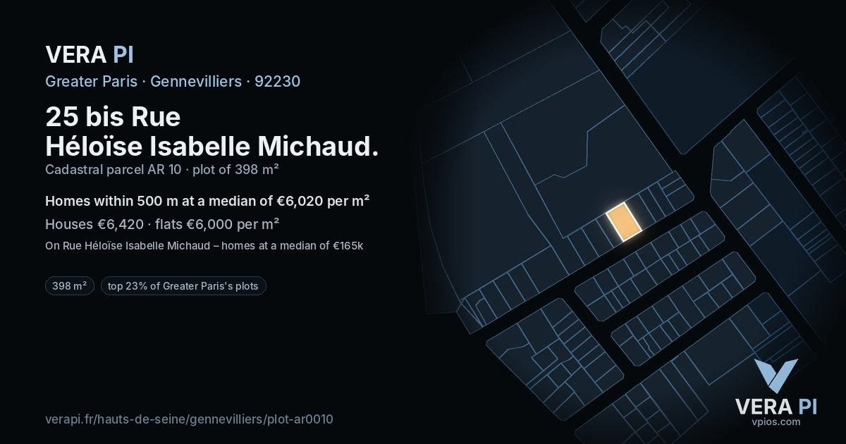 25 bis Rue Héloïse Isabelle Michaud, Gennevilliers at night – the plot lit, the parcels around coloured by the prices near them