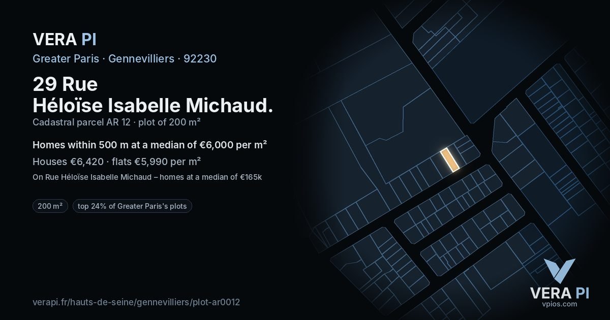 29 Rue Héloïse Isabelle Michaud, Gennevilliers at night – the plot lit, the parcels around coloured by the prices near them