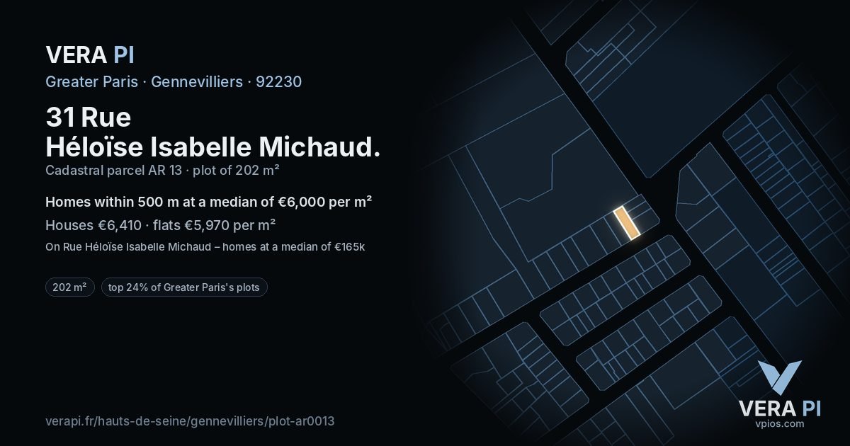31 Rue Héloïse Isabelle Michaud, Gennevilliers at night – the plot lit, the parcels around coloured by the prices near them