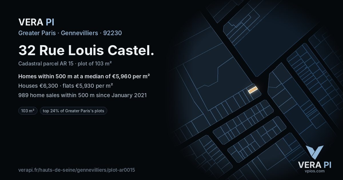 32 Rue Louis Castel, Gennevilliers at night – the plot lit, the parcels around coloured by the prices near them