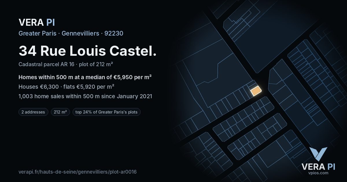 34 Rue Louis Castel, Gennevilliers at night – the plot lit, the parcels around coloured by the prices near them