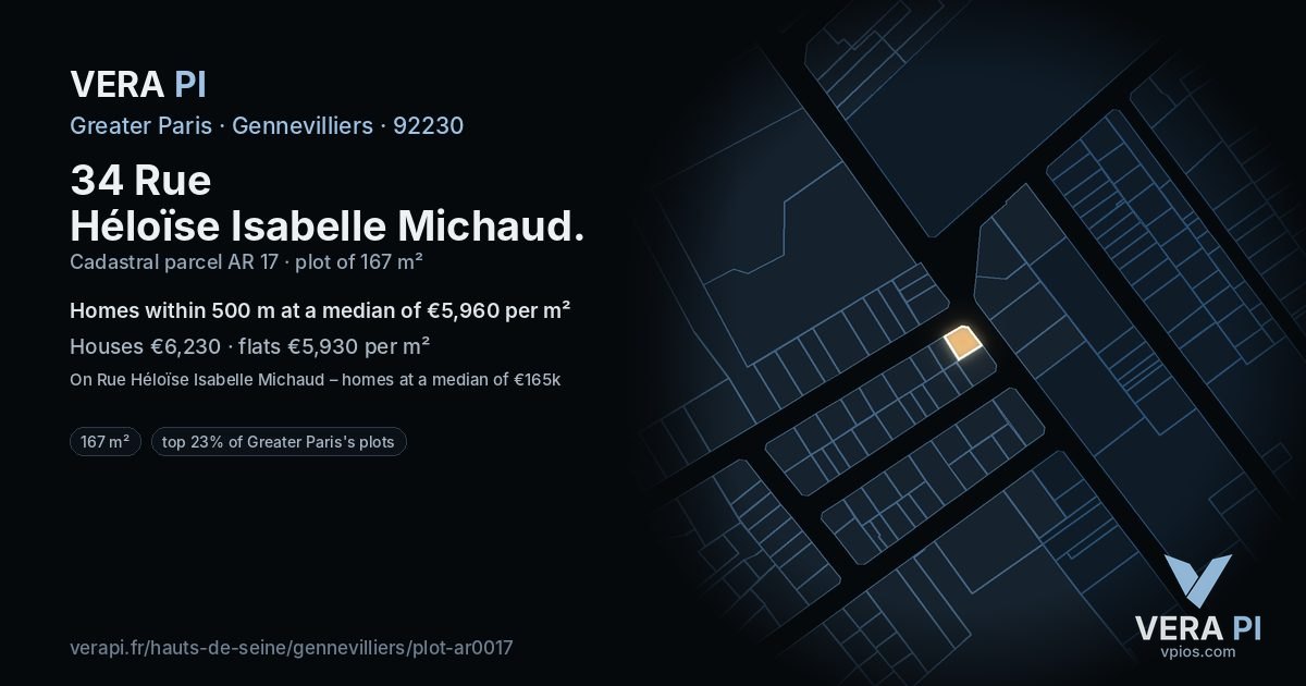 34 Rue Héloïse Isabelle Michaud, Gennevilliers at night – the plot lit, the parcels around coloured by the prices near them