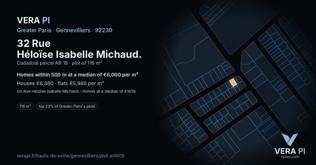 32 Rue Héloïse Isabelle Michaud, Gennevilliers at night – the plot lit, the parcels around coloured by the prices near them