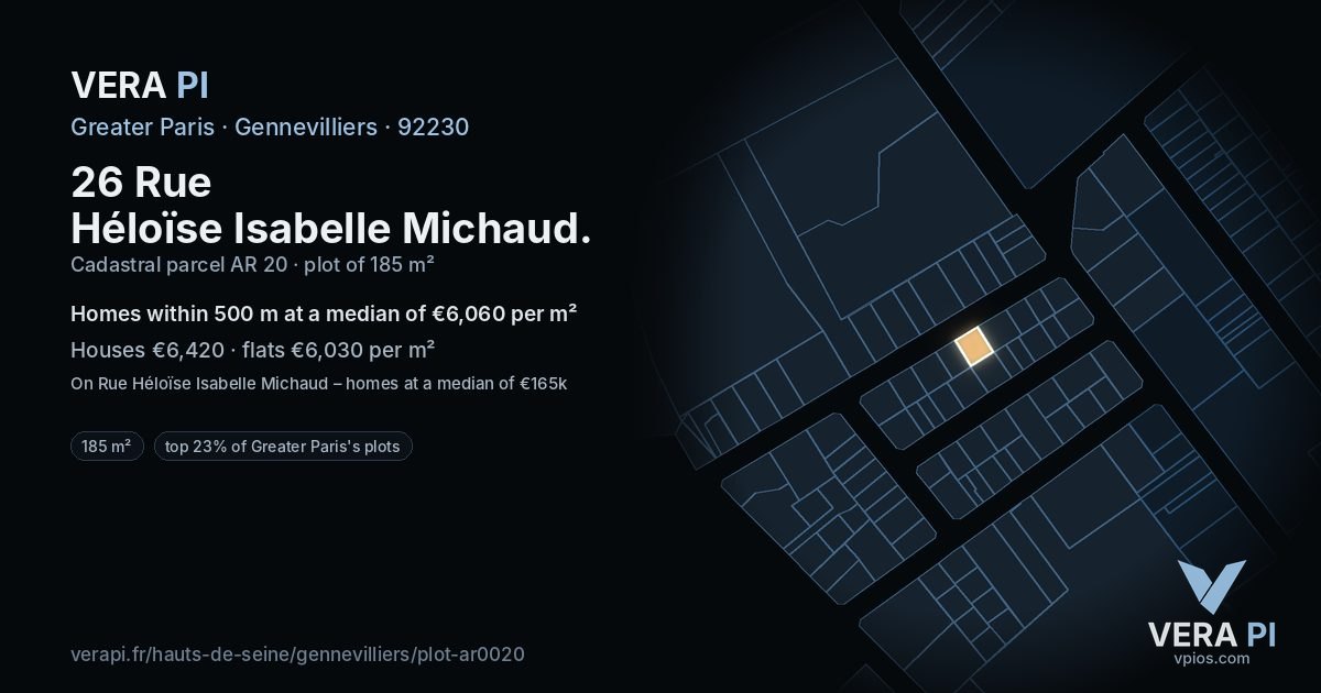 26 Rue Héloïse Isabelle Michaud, Gennevilliers at night – the plot lit, the parcels around coloured by the prices near them