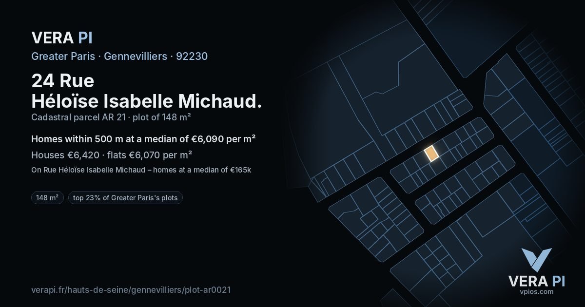 24 Rue Héloïse Isabelle Michaud, Gennevilliers at night – the plot lit, the parcels around coloured by the prices near them