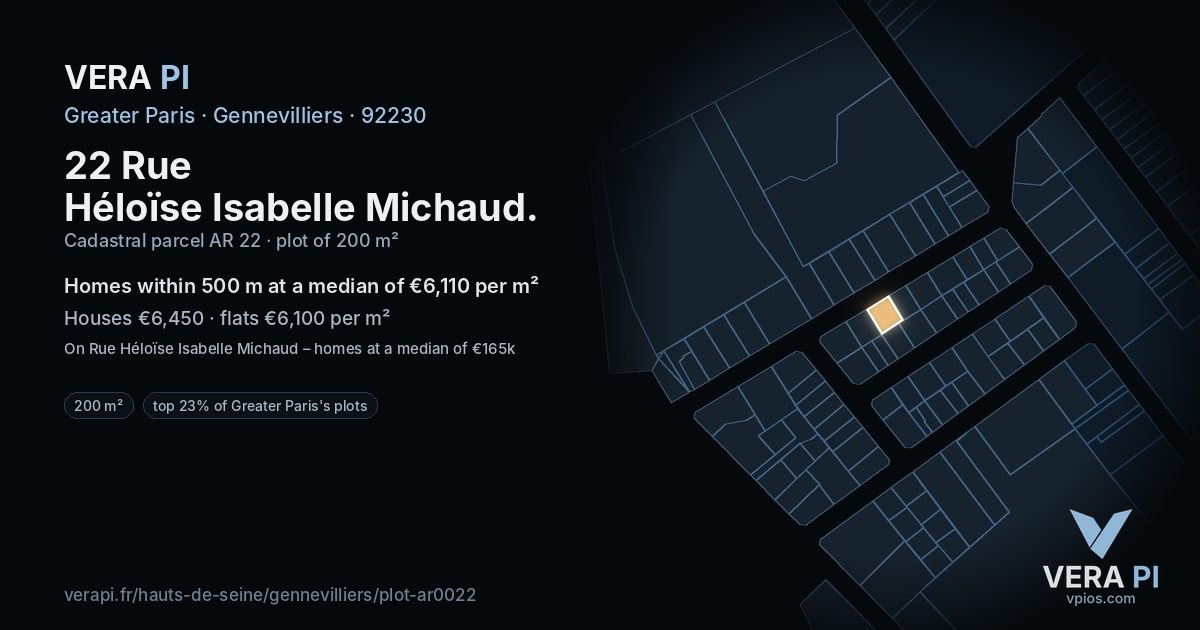 22 Rue Héloïse Isabelle Michaud, Gennevilliers at night – the plot lit, the parcels around coloured by the prices near them