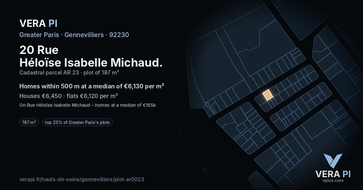20 Rue Héloïse Isabelle Michaud, Gennevilliers at night – the plot lit, the parcels around coloured by the prices near them