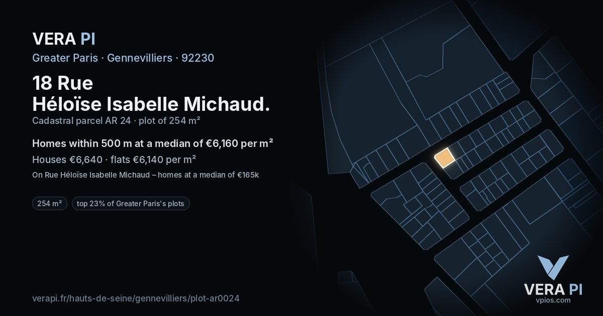 18 Rue Héloïse Isabelle Michaud, Gennevilliers at night – the plot lit, the parcels around coloured by the prices near them