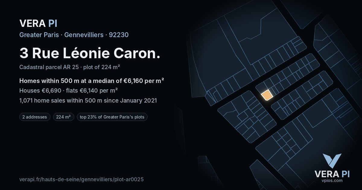 3 Rue Léonie Caron, Gennevilliers at night – the plot lit, the parcels around coloured by the prices near them