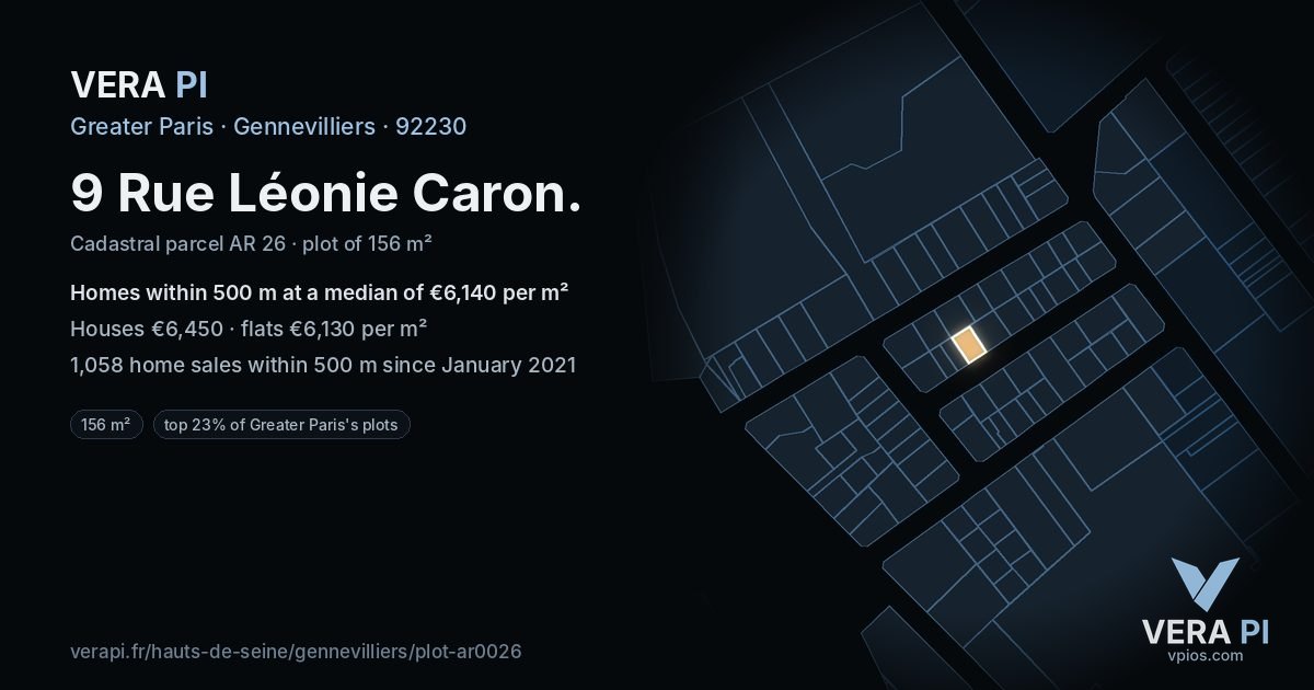 9 Rue Léonie Caron, Gennevilliers at night – the plot lit, the parcels around coloured by the prices near them