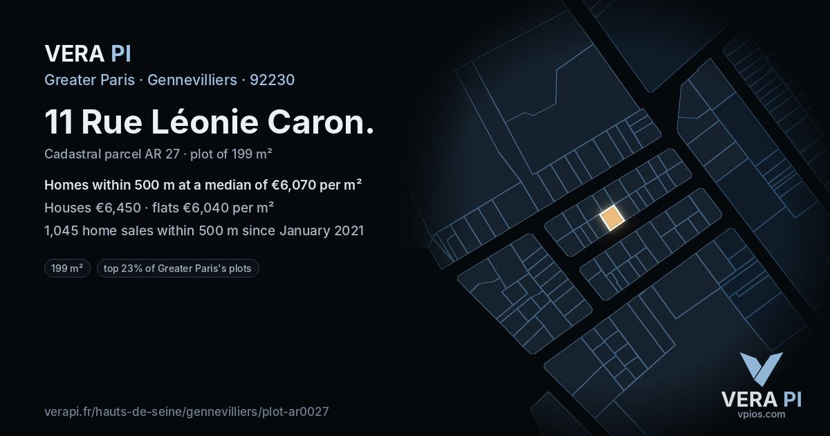 11 Rue Léonie Caron, Gennevilliers at night – the plot lit, the parcels around coloured by the prices near them