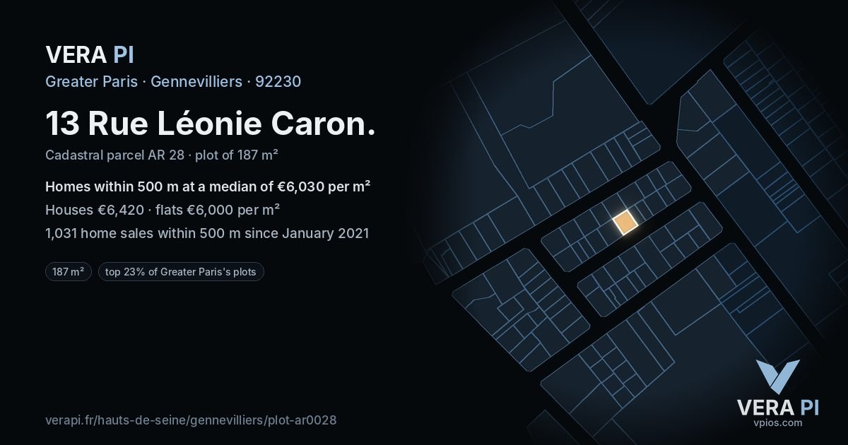 13 Rue Léonie Caron, Gennevilliers at night – the plot lit, the parcels around coloured by the prices near them