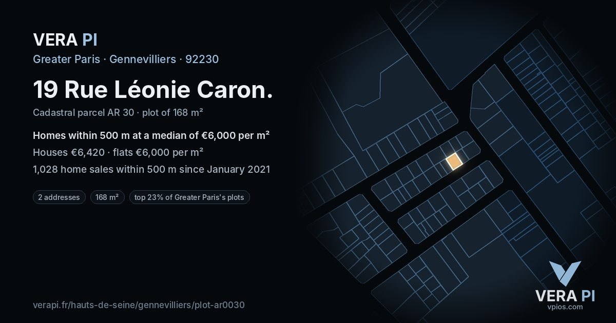 19 Rue Léonie Caron, Gennevilliers at night – the plot lit, the parcels around coloured by the prices near them