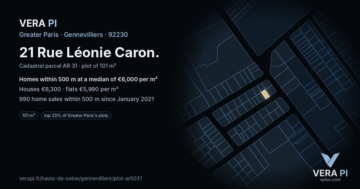 21 Rue Léonie Caron, Gennevilliers at night – the plot lit, the parcels around coloured by the prices near them