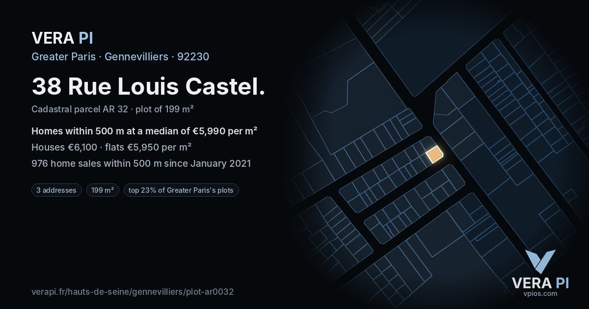 38 Rue Louis Castel, Gennevilliers at night – the plot lit, the parcels around coloured by the prices near them