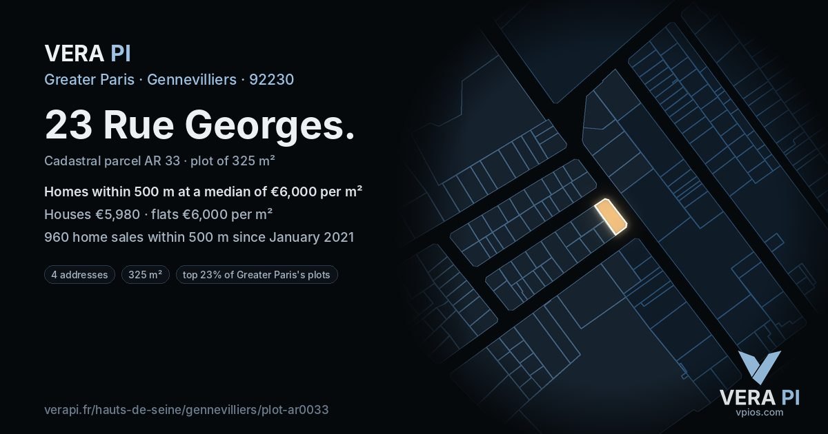 23 Rue Georges, Gennevilliers at night – the plot lit, the parcels around coloured by the prices near them