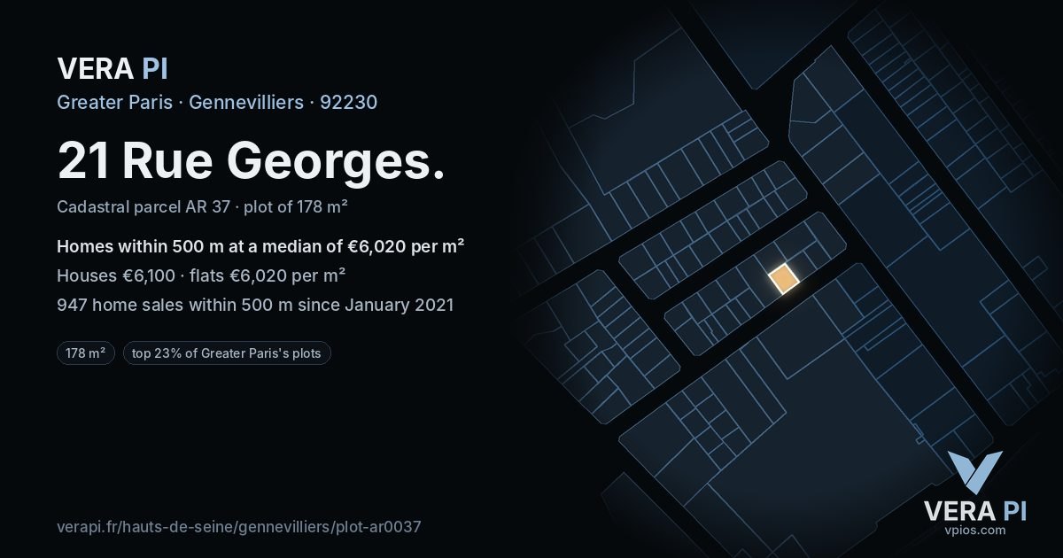 21 Rue Georges, Gennevilliers at night – the plot lit, the parcels around coloured by the prices near them