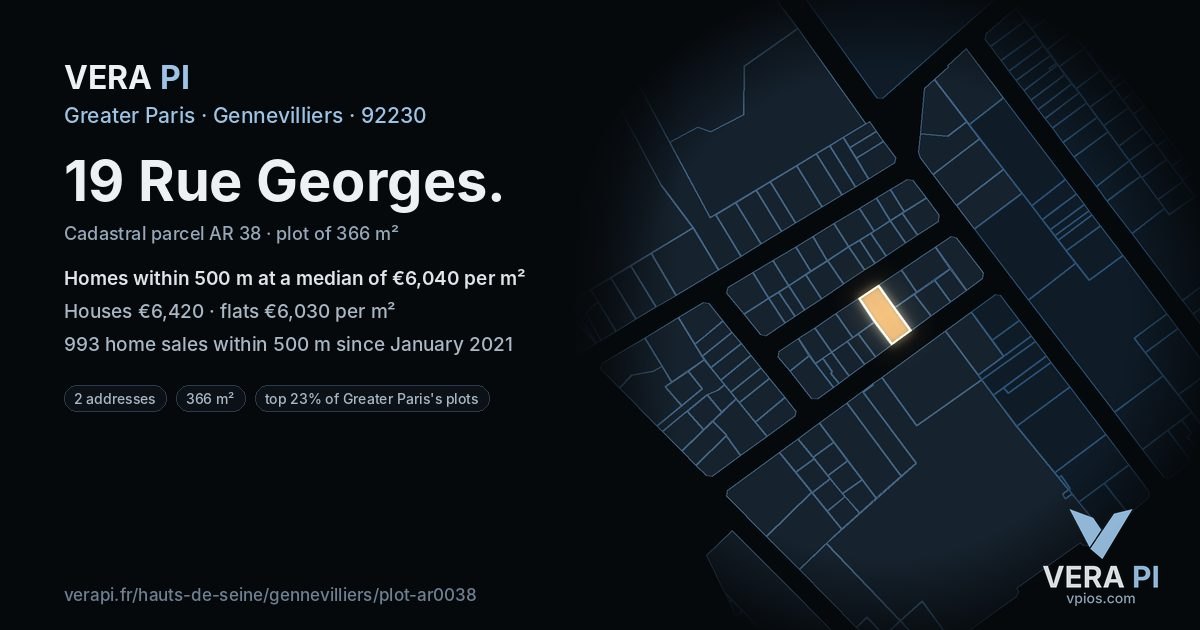 19 Rue Georges, Gennevilliers at night – the plot lit, the parcels around coloured by the prices near them