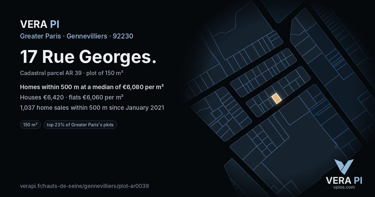 17 Rue Georges, Gennevilliers at night – the plot lit, the parcels around coloured by the prices near them