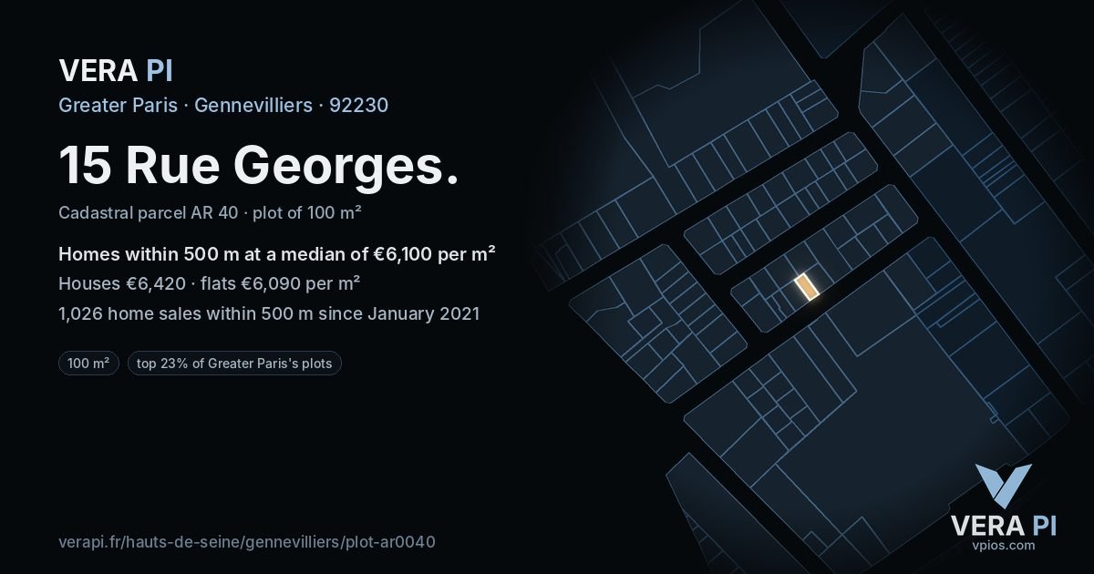 15 Rue Georges, Gennevilliers at night – the plot lit, the parcels around coloured by the prices near them