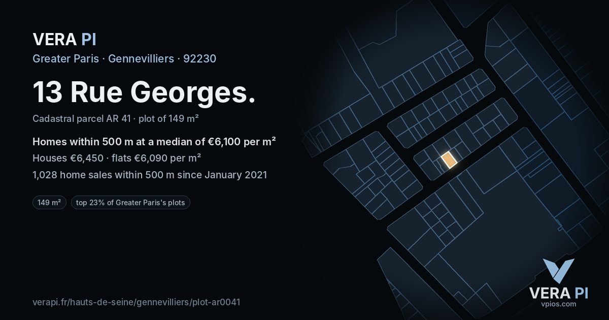 13 Rue Georges, Gennevilliers at night – the plot lit, the parcels around coloured by the prices near them