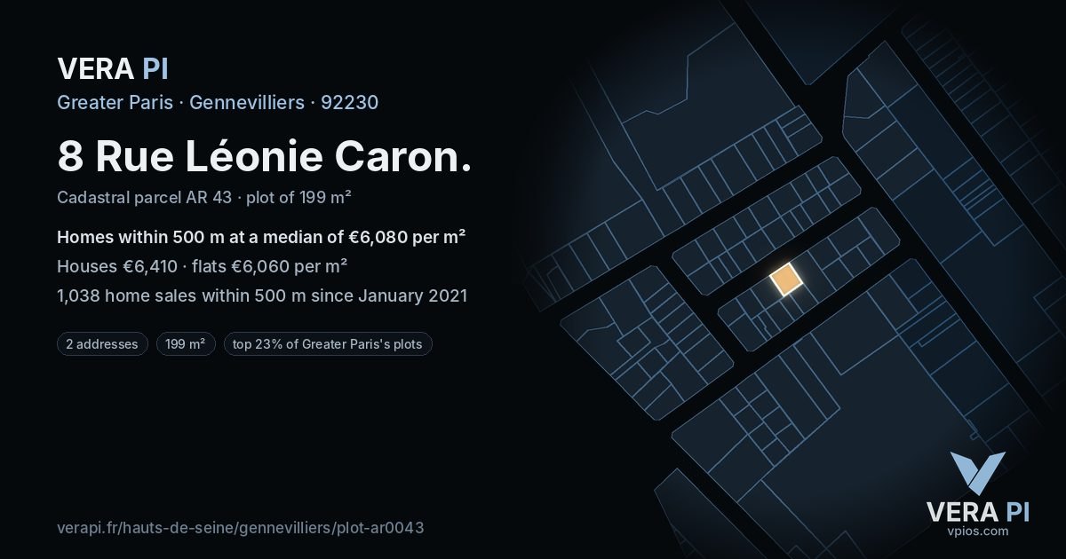 8 Rue Léonie Caron, Gennevilliers at night – the plot lit, the parcels around coloured by the prices near them