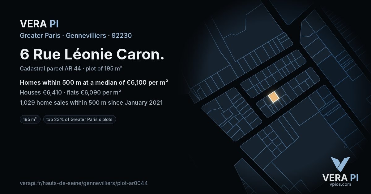 6 Rue Léonie Caron, Gennevilliers at night – the plot lit, the parcels around coloured by the prices near them