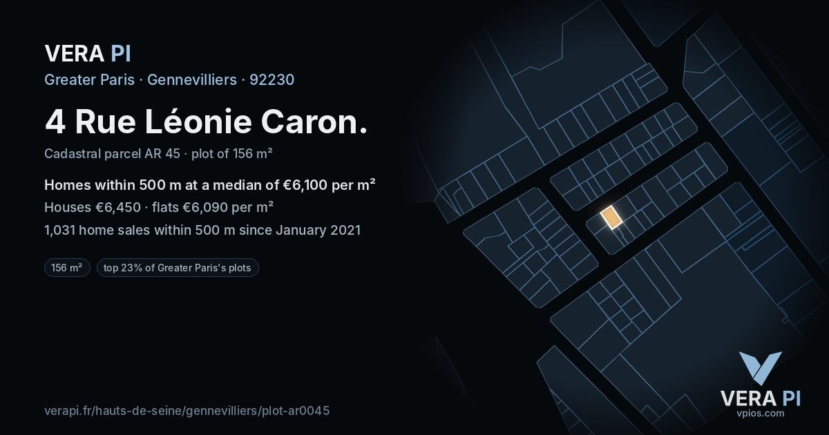 4 Rue Léonie Caron, Gennevilliers at night – the plot lit, the parcels around coloured by the prices near them