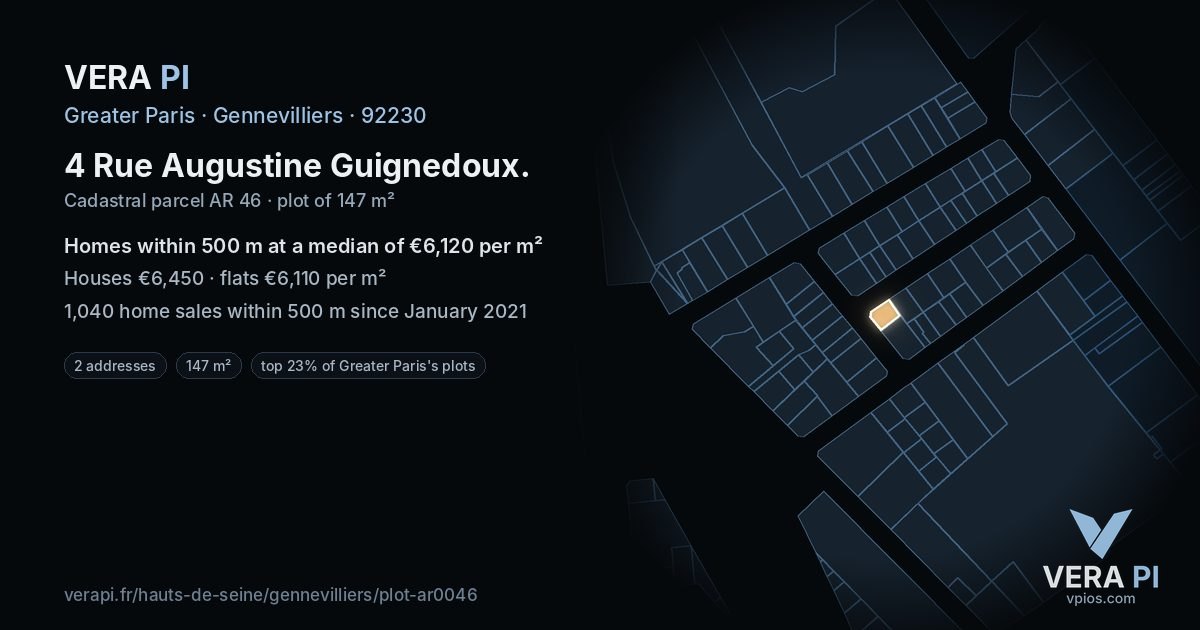 4 Rue Augustine Guignedoux, Gennevilliers at night – the plot lit, the parcels around coloured by the prices near them