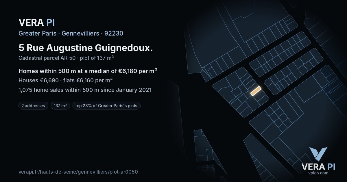 5 Rue Augustine Guignedoux, Gennevilliers at night – the plot lit, the parcels around coloured by the prices near them
