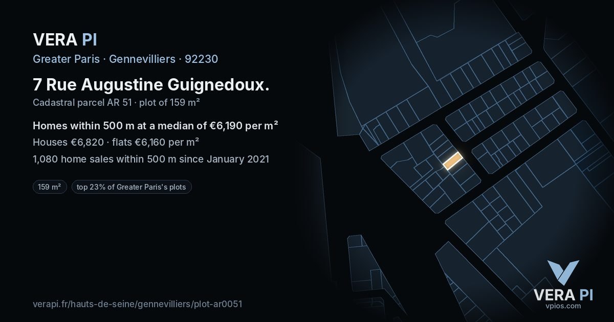 7 Rue Augustine Guignedoux, Gennevilliers at night – the plot lit, the parcels around coloured by the prices near them