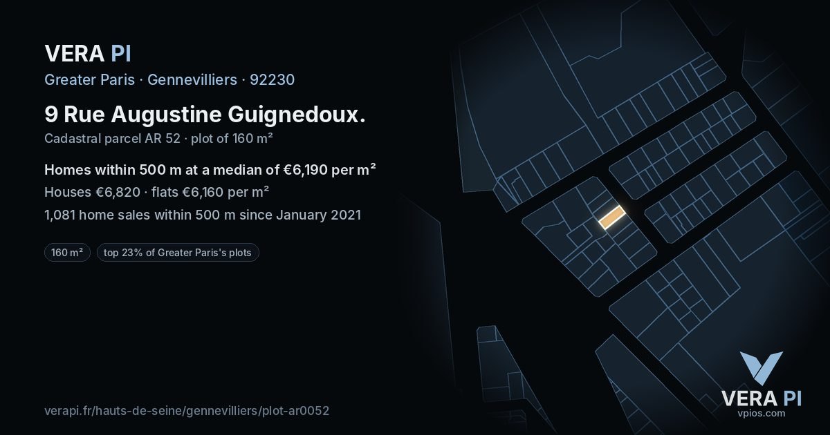 9 Rue Augustine Guignedoux, Gennevilliers at night – the plot lit, the parcels around coloured by the prices near them