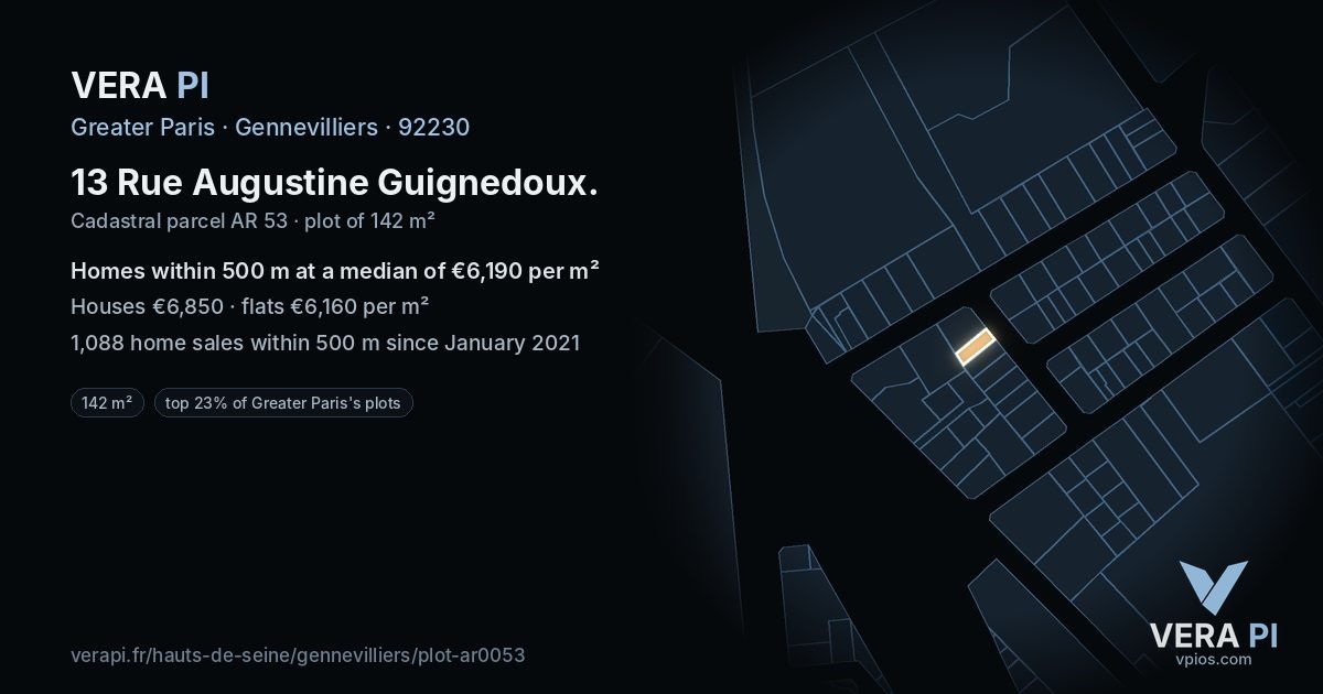 13 Rue Augustine Guignedoux, Gennevilliers at night – the plot lit, the parcels around coloured by the prices near them