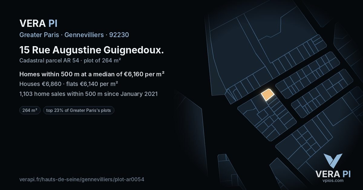 15 Rue Augustine Guignedoux, Gennevilliers at night – the plot lit, the parcels around coloured by the prices near them
