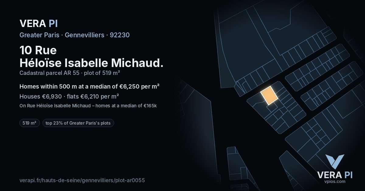10 Rue Héloïse Isabelle Michaud, Gennevilliers at night – the plot lit, the parcels around coloured by the prices near them