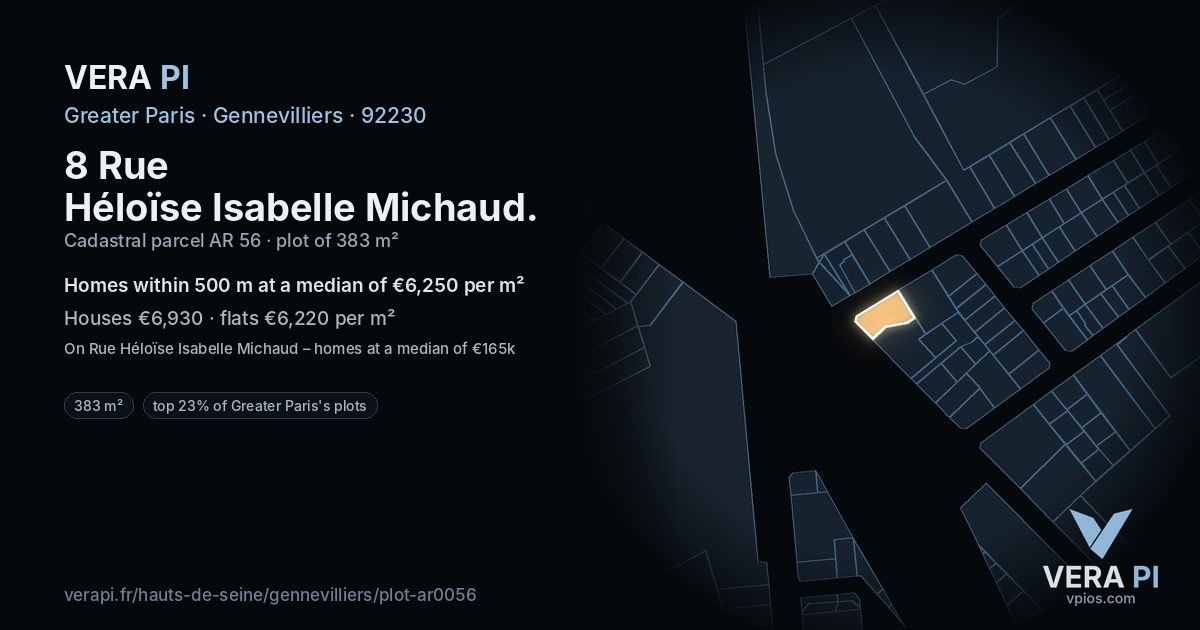 8 Rue Héloïse Isabelle Michaud, Gennevilliers at night – the plot lit, the parcels around coloured by the prices near them