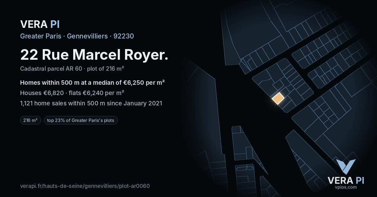 22 Rue Marcel Royer, Gennevilliers at night – the plot lit, the parcels around coloured by the prices near them