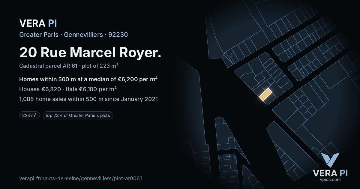 20 Rue Marcel Royer, Gennevilliers at night – the plot lit, the parcels around coloured by the prices near them