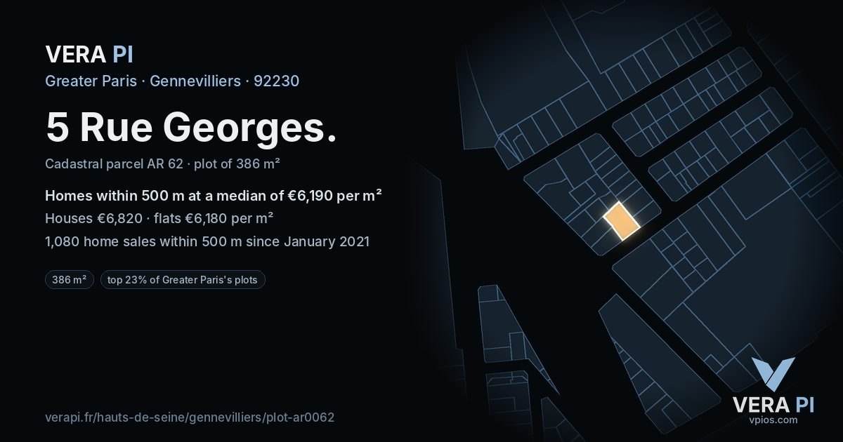 5 Rue Georges, Gennevilliers at night – the plot lit, the parcels around coloured by the prices near them