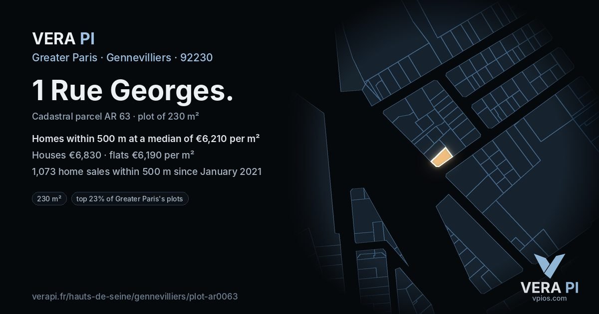 1 Rue Georges, Gennevilliers at night – the plot lit, the parcels around coloured by the prices near them