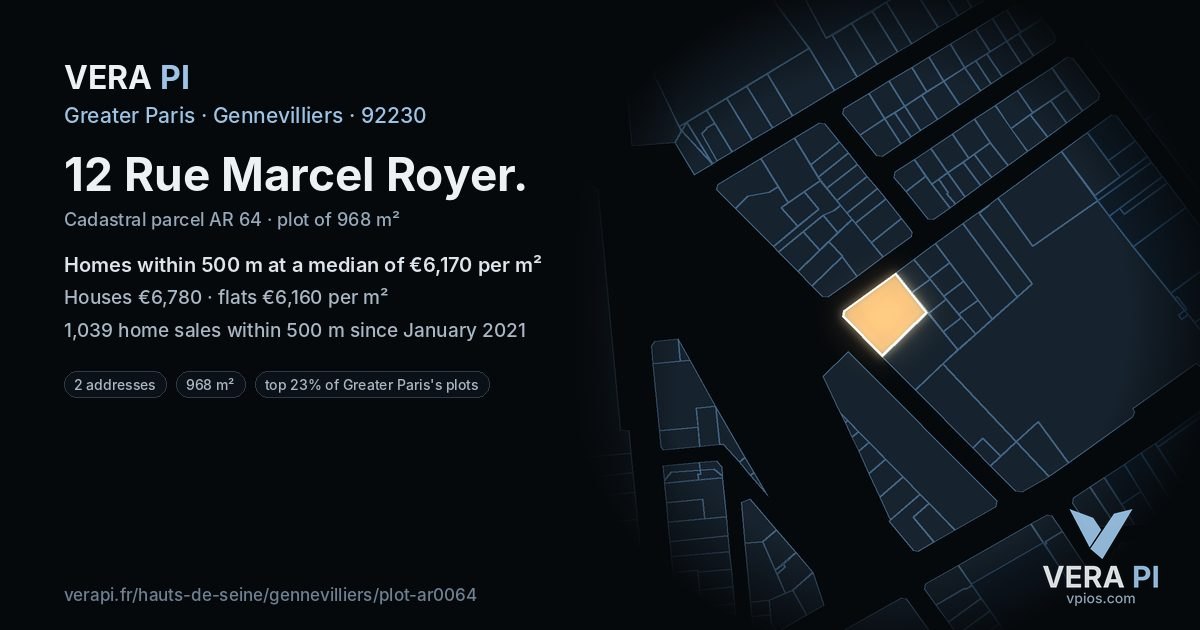 12 Rue Marcel Royer, Gennevilliers at night – the plot lit, the parcels around coloured by the prices near them