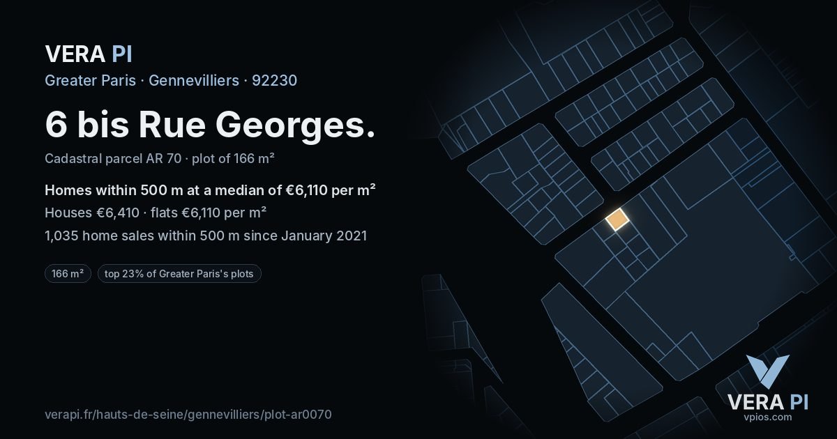 6 bis Rue Georges, Gennevilliers at night – the plot lit, the parcels around coloured by the prices near them