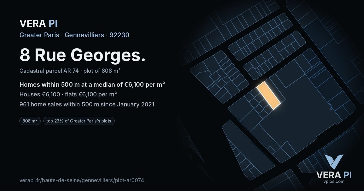 8 Rue Georges, Gennevilliers at night – the plot lit, the parcels around coloured by the prices near them