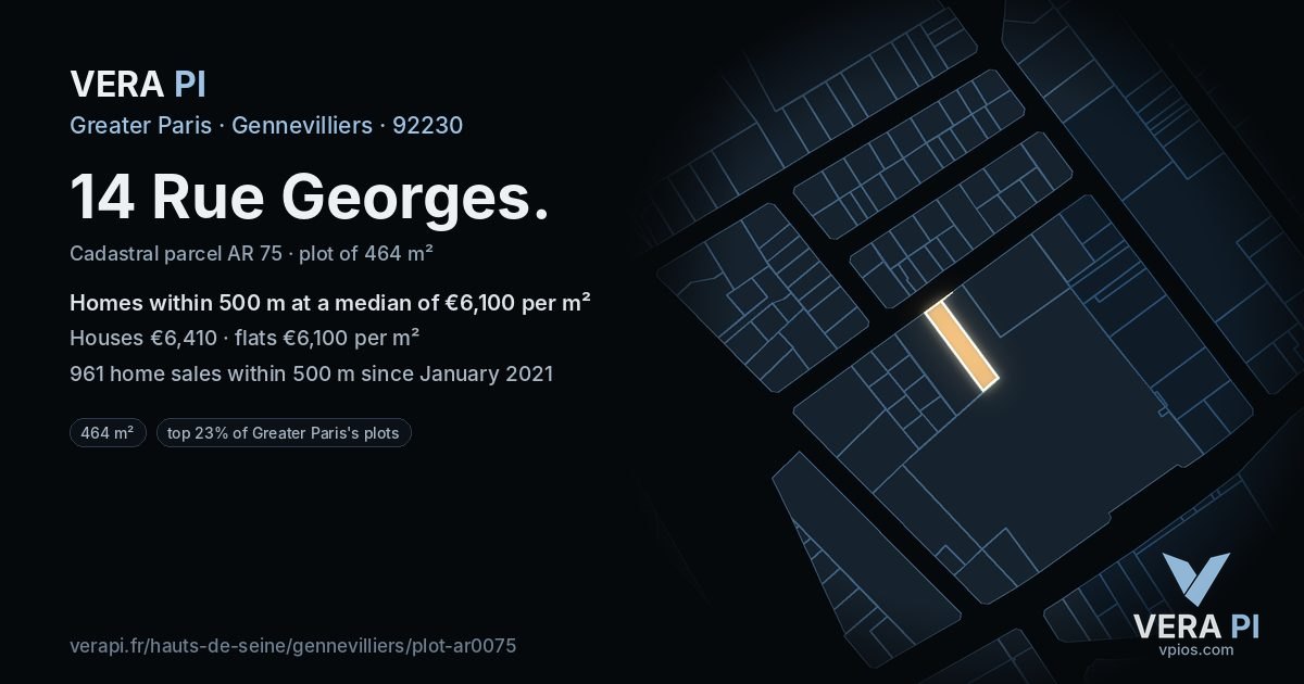 14 Rue Georges, Gennevilliers at night – the plot lit, the parcels around coloured by the prices near them