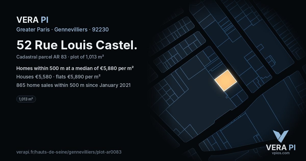 52 Rue Louis Castel, Gennevilliers at night – the plot lit, the parcels around coloured by the prices near them