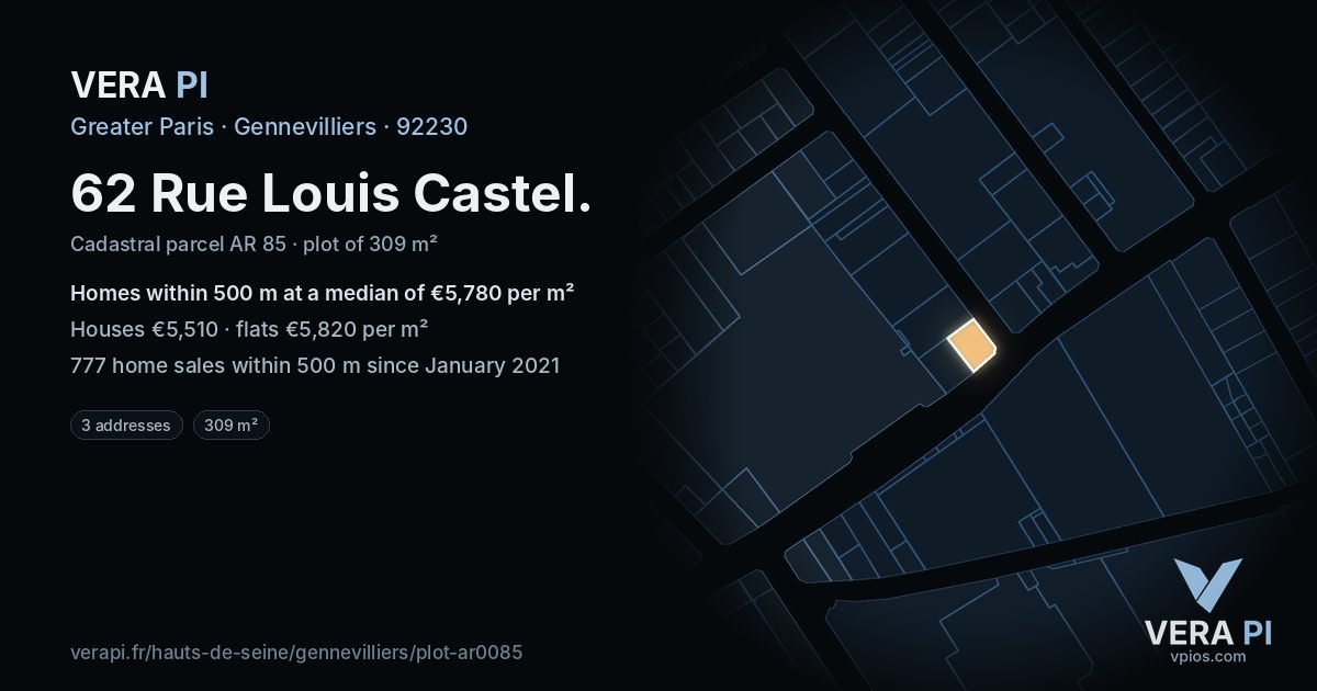 62 Rue Louis Castel, Gennevilliers at night – the plot lit, the parcels around coloured by the prices near them