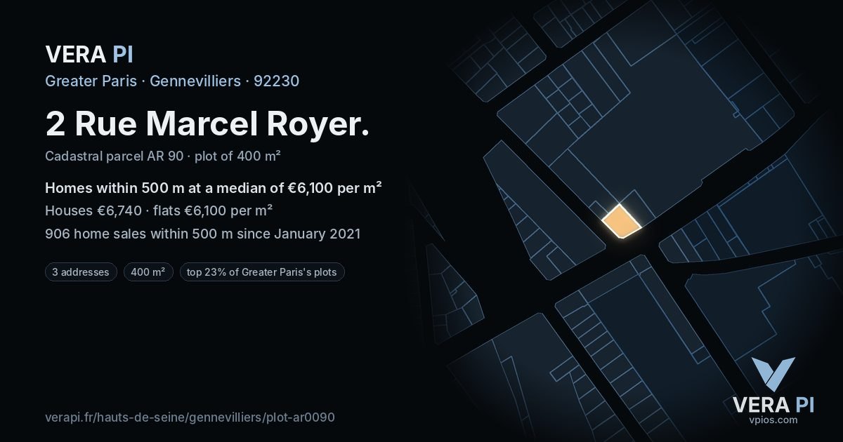 2 Rue Marcel Royer, Gennevilliers at night – the plot lit, the parcels around coloured by the prices near them