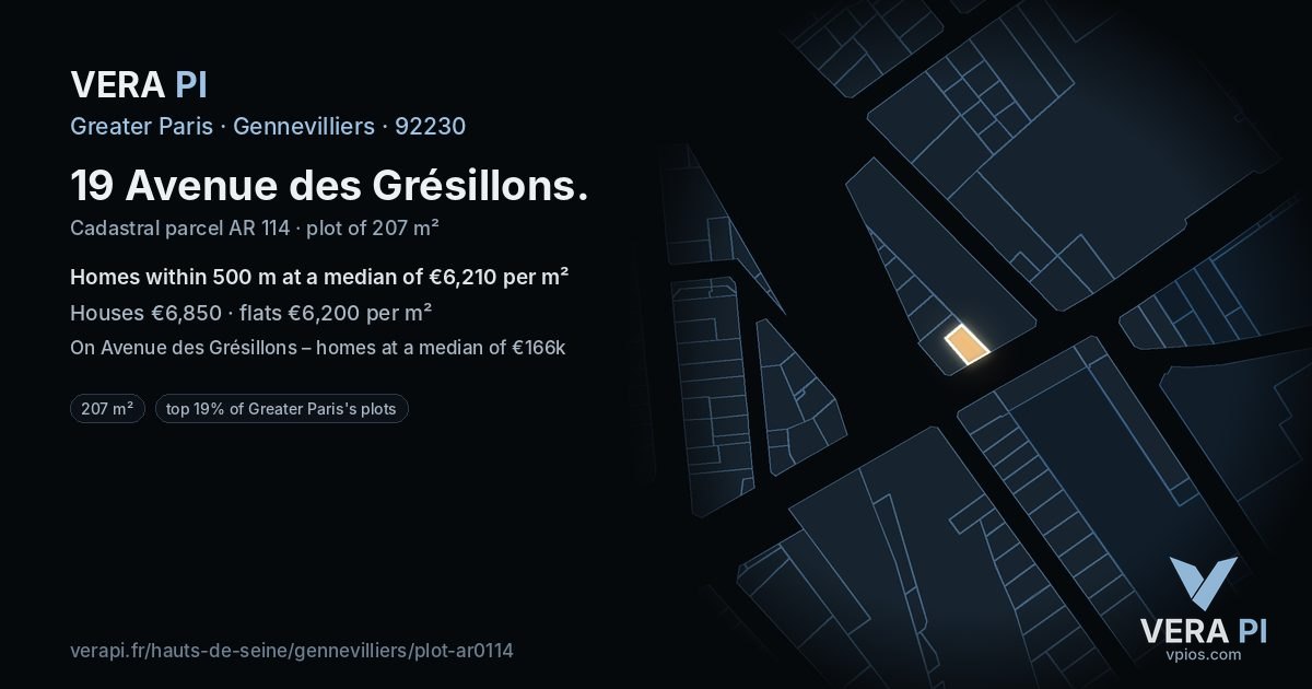 19 Avenue des Grésillons, Gennevilliers at night – the plot lit, the parcels around coloured by the prices near them